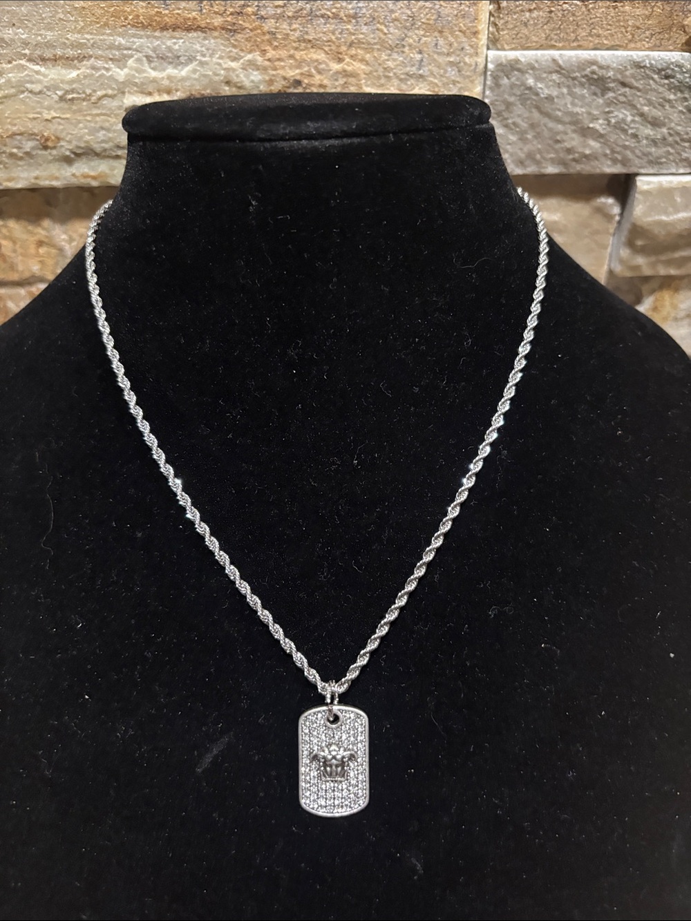 Silver Pavé Medusa Dog Tag Pendant Necklace